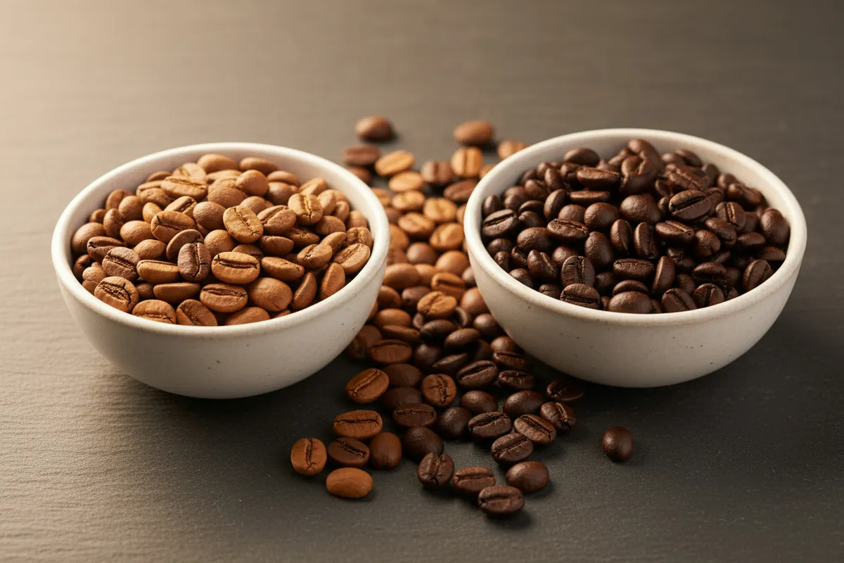 مقایسه دانه‌های قهوه عربیکا (روشن‌تر) و روبوستا (تیره‌تر و گردتر) در دو کاسه